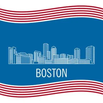 City landscape of Boston in linear flat style on a black background. Stock Illustration