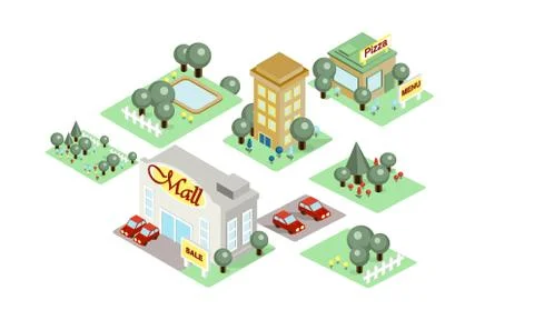 City landscape, environment elements with buildings and parks, user interface Stock Illustration