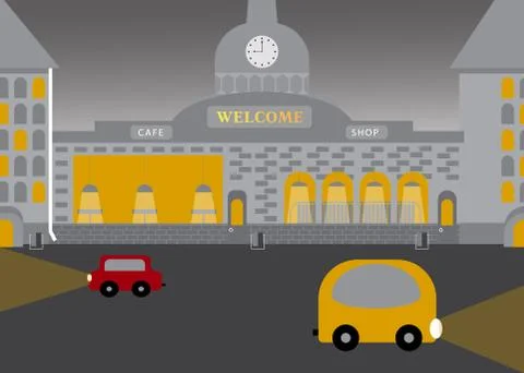 City landscape in flat vector style. Evening time Stock-Illustration