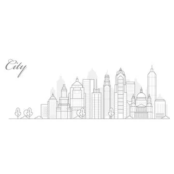 City landscape template, thin line cityscape, view of downtown with skyscrape Stock Illustration