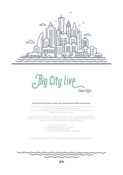 City landscape template. Thin line Cityscape, Downtown or Business district with Stock Illustration