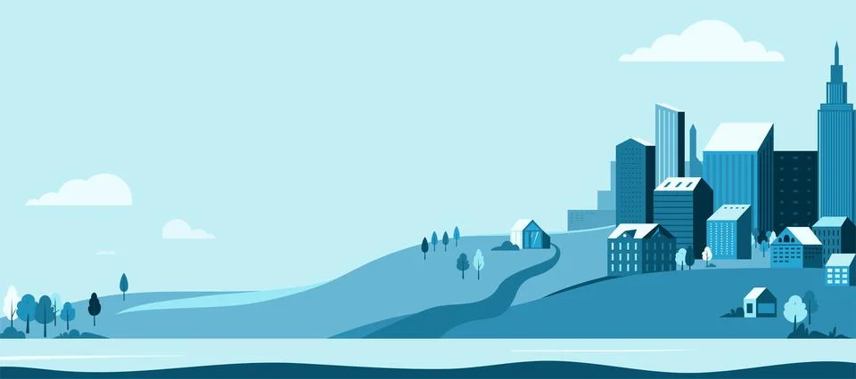 City landscape vector background. Simple minimal town with buildings, sky, river Stock Illustration