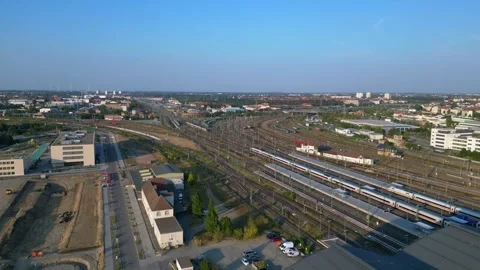 City Leipzig ice train Railroad tracks. Perfect aerial view flight drone Stock Footage 283823480
