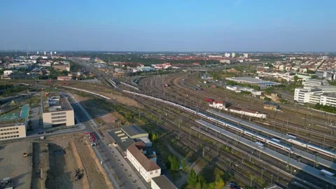 City Leipzig ice train Railroad tracks. Amazing aerial view flight drone Video stock 283823552