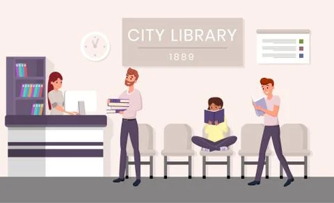City library visitors flat vector illustration. Bearded man returning books Stock Illustration