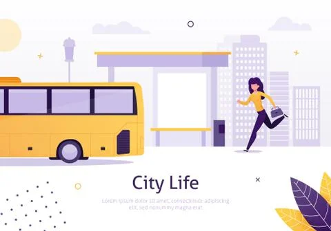 City Life with Girl Running for Bus near Stop. Stock Illustration