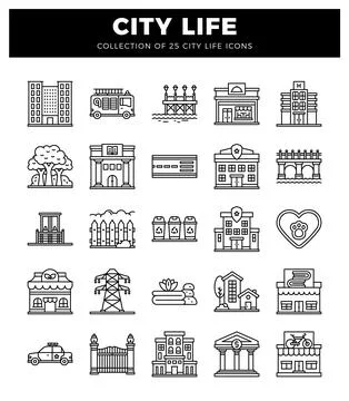 City life icon set featuring buildings. transport. and amenities Ilustración de archivo