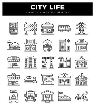 City life icon set vector illustrations of urban elements. Stock Illustration