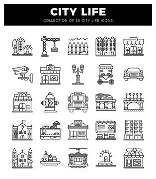 City life icons. with architectural elements. vehicles. and public amenitie.. Illustrazione stock