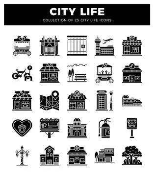 City life icons in solid black silhouette. featuring urban elements. Stock Illustration