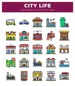City life icons. vector flat illustrations of urban elements including tran.. Stock Illustration