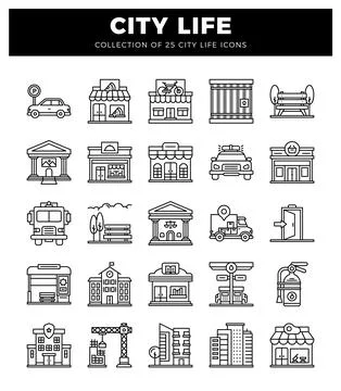 City life vector icons in outline style. showcasing urban elements on a whi.. Stock Illustration