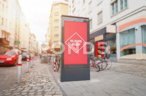 City light, video led billboard mockup on street. Cars in background. PSD Template
