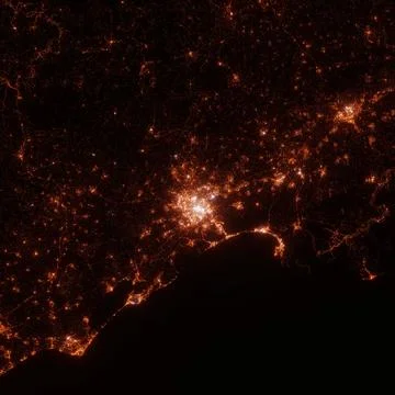 City lights map, top view from space. Aerial view on night street lights. Glo Stock Photos
