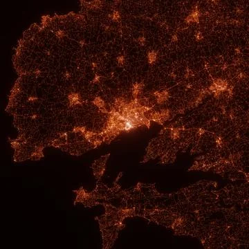 City lights map, top view from space. Aerial view on night street lights. Glo Stock Photos