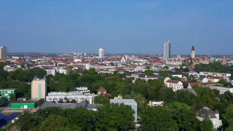 City line from Leipzig on a bright summer day. Dramatic aerial view flight Stock Footage 284308641
