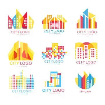 City logo set, logotype elements with buildings vector Illustrations Stock Illustration