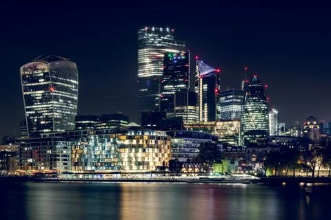 The City of London Business District Buildings View at Night Stock Photos