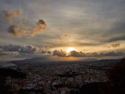 The city of Malaga at dusk Stock Footage 72414545