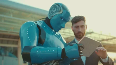 In the city man talking with humanoid robot use tablet computer shows the way Stock Footage 133301252