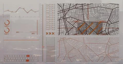 City map and data analysis image over digital interface with charts and graphs Stock Illustration