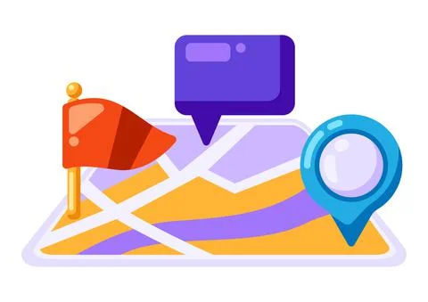 City map background design with markers and flags. Illustration of streets and Stock Illustration