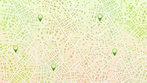 City map background with green location pins and urban roads. Vector Stock Illustration