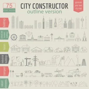City map generator. Elements for creating your perfect city. Outline version. 스톡 일러스트