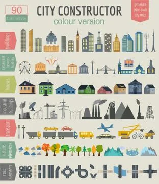 City map generator. Elements for creating your perfect city. Colour version Stock Illustration