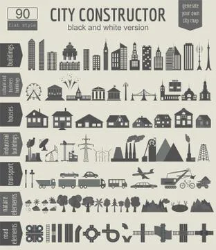 City map generator. Elements for creating your perfect city. Black and white 스톡 일러스트