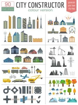City map generator. Elements for creating your perfect city. Colour version Stock Illustration