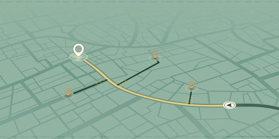 City Map with GPS Navigation Route and Location Pins on Green Background. Vector Stock Illustration