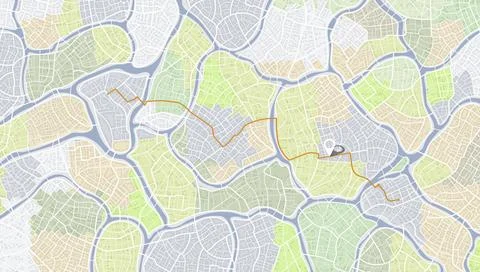 City map navigation with orange route and location pin, detailed light urban Stock Illustration