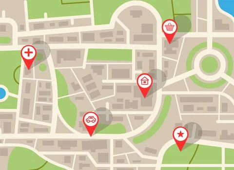 City map. Navigation plan with red pins. GPS application, web navigational Illustrazione stock
