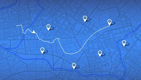 City map with route path and electric vehicle charging station pins. GPS Stock Illustration