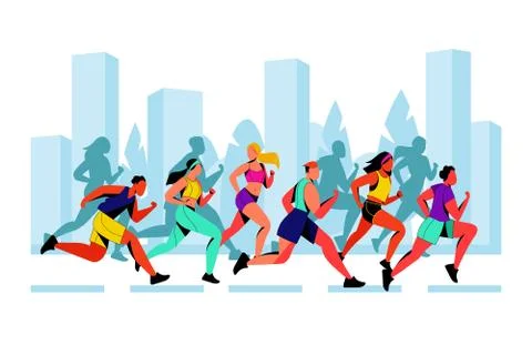 City marathon vector flat illustration. Running colorful people against city Stock Illustration