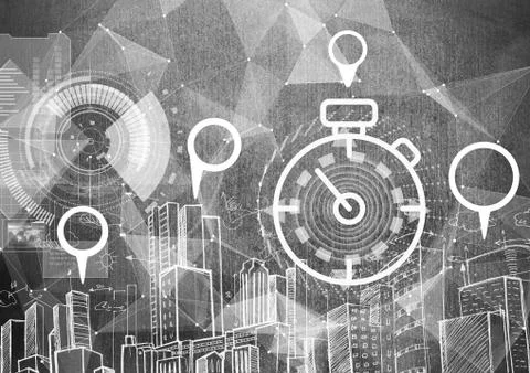 City with marker location pointers and interface Stock Illustration