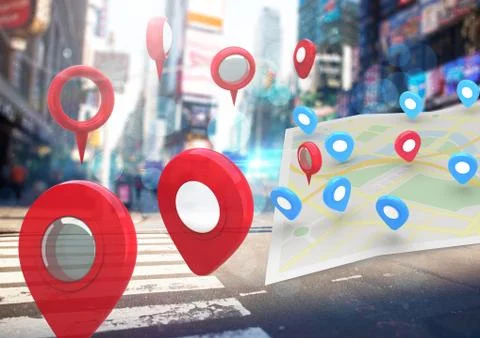 City with marker location pointers and map Foto stock