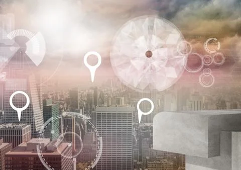 City with marker location pointers and interface 写真素材