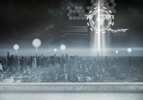 City with marker location pointers and interface technology Stock Photos