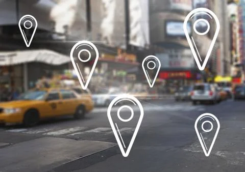 City with marker location pointers Stock Photos