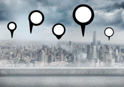City with marker location pointers Stock Photos
