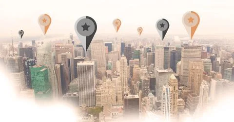 City with marker location pointers Stock Photos