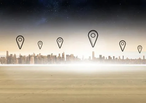 City with marker location pointers Foto stock