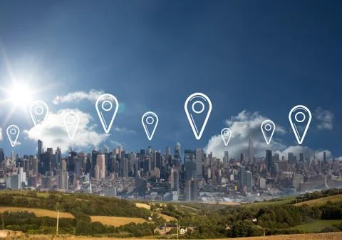 City with marker location pointers Stock Photos