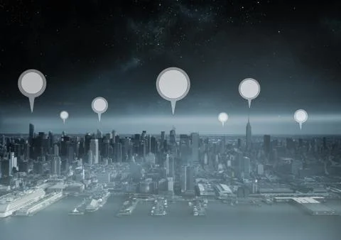 City with marker location pointers Stock Photos