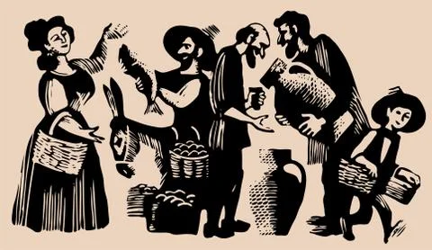 City market etching Stock Illustration