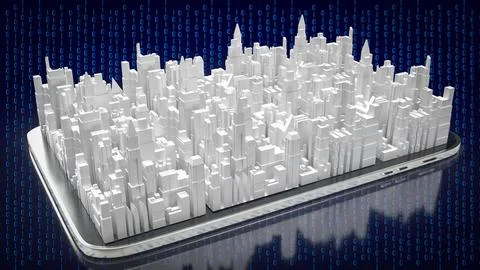 The city on mobile on digital background for technology concept 3d rendering Illustrazione stock