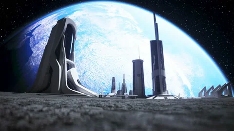 City on the moon, base, colony. 3d rendering. Vídeos de archivo 132543662