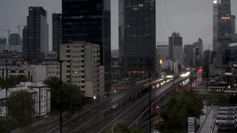 City motion sunset transition night Warsaw downtown Video stock 310450257